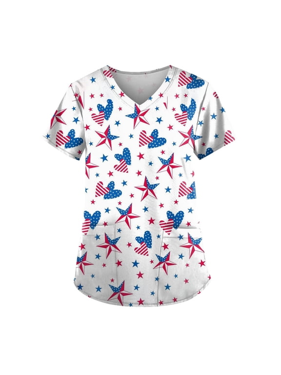 4Th Of July Nurse Uniforms Women Printed Scrub Tops Independence Day Gift Short Sleeve V-Neck Plus Size Tops Working Uniform Casual Blouse with Pockets