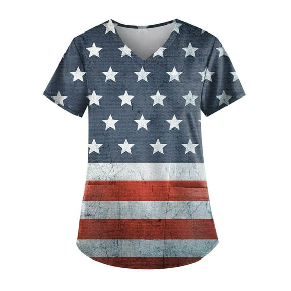 Edvintorg 4Th Of July Scrub Top for Women Fashion Women's Independence Day V-Neck Casual Plus Size Short Sleeve Printed Shirt with Pockets Nurse Uniforms Womens