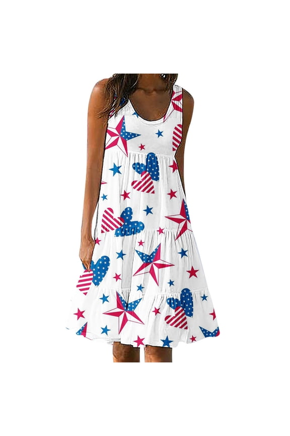 4Th Of July Sundresses for Women Fashion Holiday Summer Casual Printing Sleeveless Party Beach Loose Dress Women's Clothing