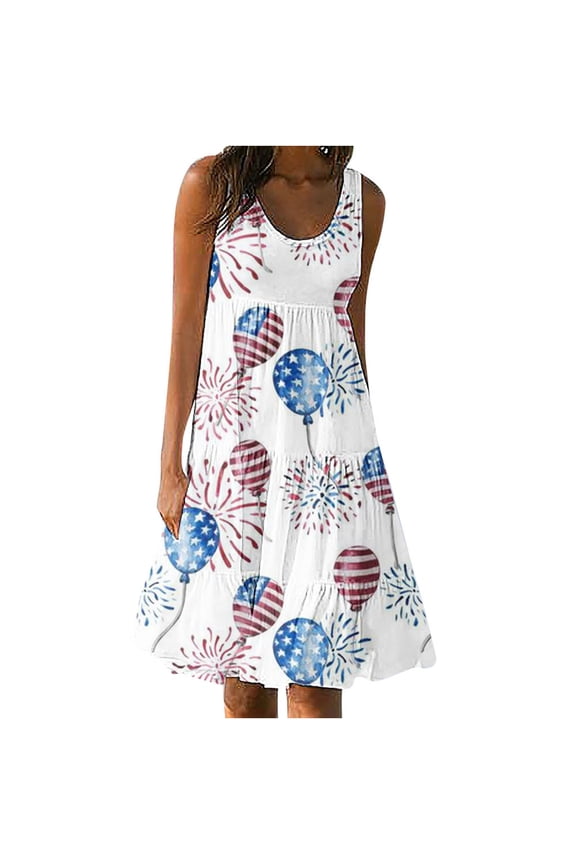 4Th Of July Sundresses for Women Fashion Holiday Summer Casual Printing Sleeveless Party Beach Loose Dress Women's Clothing