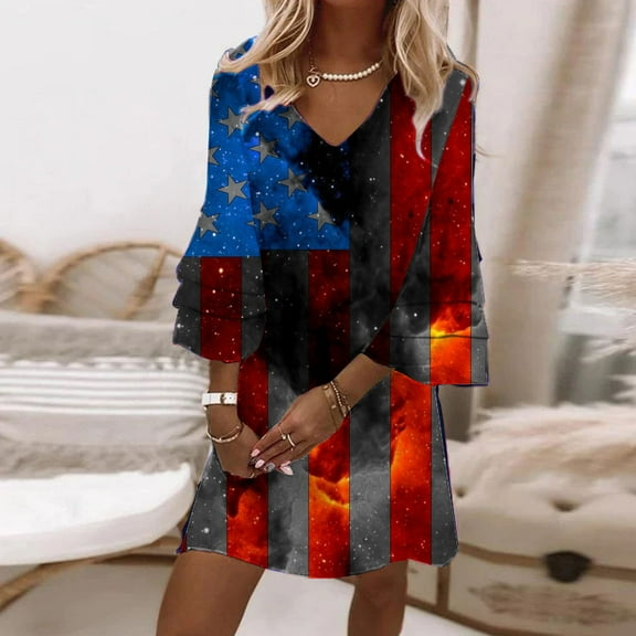 Edvintorg 4Th Of July Womens Summer Dresses Plus Size Women's Casual Beach Dress Fashion V-Neck Print 3/4 Sleeve Fold Mini Dress
