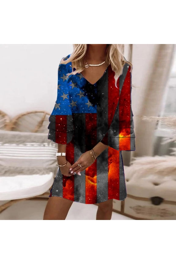 4Th Of July Womens Summer Dresses Plus Size Women's Casual Beach Dress Fashion V-Neck Print 3/4 Sleeve Fold Mini Dress