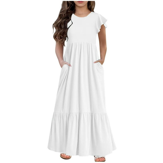 Summer Savings Clearance! Edvintorg 6-13 Years Summer Long Dress For Kids Girl Fashion Solid Color Sleeveless Round Neck Casual Beach Maxi Dresses With Pocket Children'S Dress Vestido