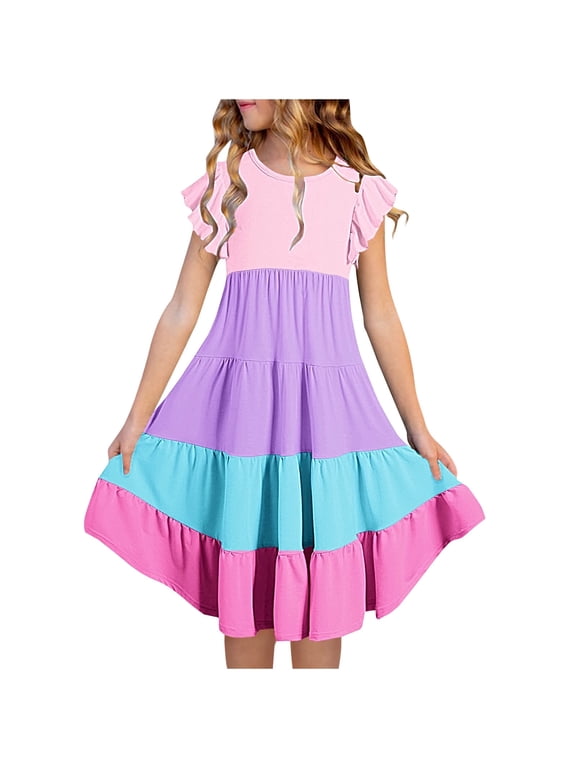 6-15 Years Girl Dress Fashion Flower Printed Round-Neck Ruffled Sleeveless Casual Beach Dresses with Pocket Children's Summer Dress