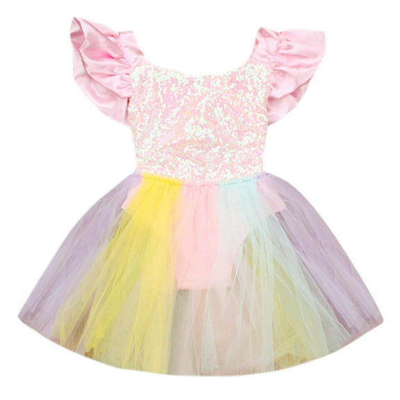 Edvintorg 6M-24M Toddler Kid Baby Girl Dress Sleeveless Rainbow Sequined Lace Princess Romper Dresses Vestidos 1 Year Birthday Dress