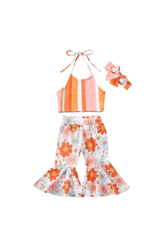 6Months-5Years Baby Girl Summer Clothes Kids Clothes Girls Fashion Cute Flower Print Ruffles Vest Flared Pants Hairband Suit Girls Boutique Outfits