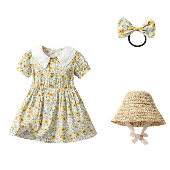 Summer Savings Clearance! Edvintorg 6Months-6Years floral dress for kids girl Toddler Baby Girl Summer Flower Print short sleeve beach Dresses With Hat Hairpin