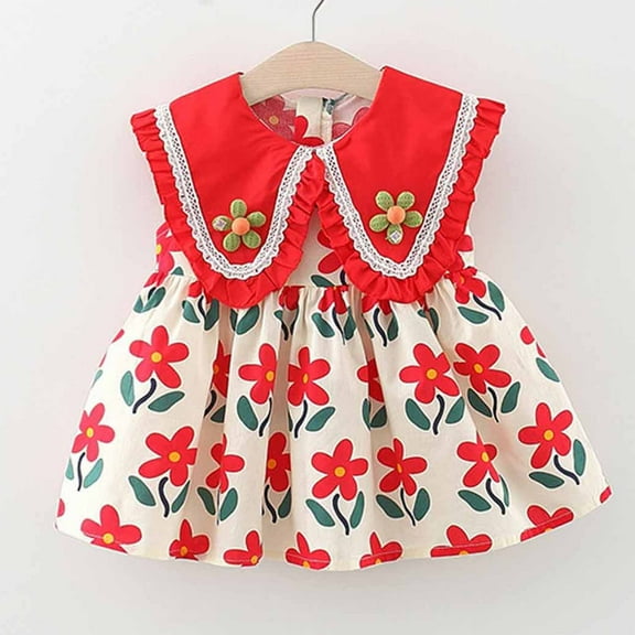 Edvintorg Baby Girl Clothes Summer 6Months-3Years Toddler Baby Girl Dress Cute Lace Large Lapel Floral Print Vest Dresses Princess Dress