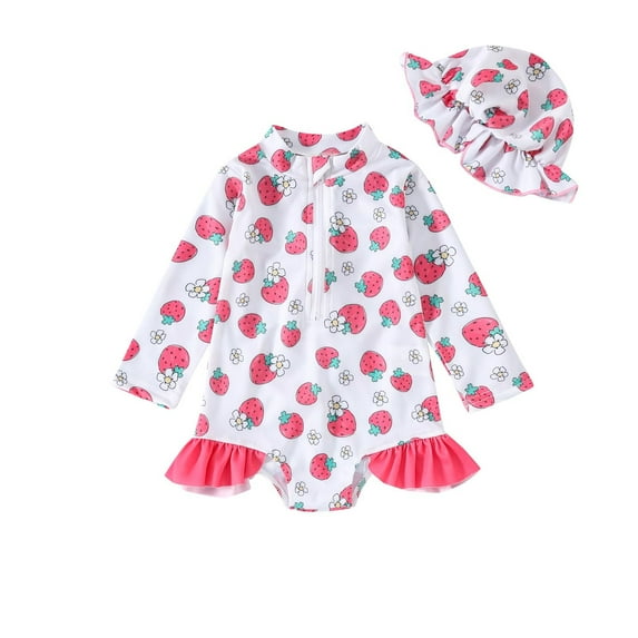 Edvintorg Baby Swimsuit Girl Kawaii Strawberry Printing Long Sleeve Half Zip Jumpsuit Swimsuit and Hat Two Pieces Bathing Suit 0-3T Summer Girls' Swimwear