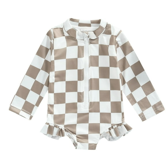 Edvintorg Bathing Suits for Girls Cute Plaid Printed One Piece Long Sleeve Cover Beach Ruffles Swimsuits Jumpsuit with Zipper 12M-5Y Children's Swimwear for Girls