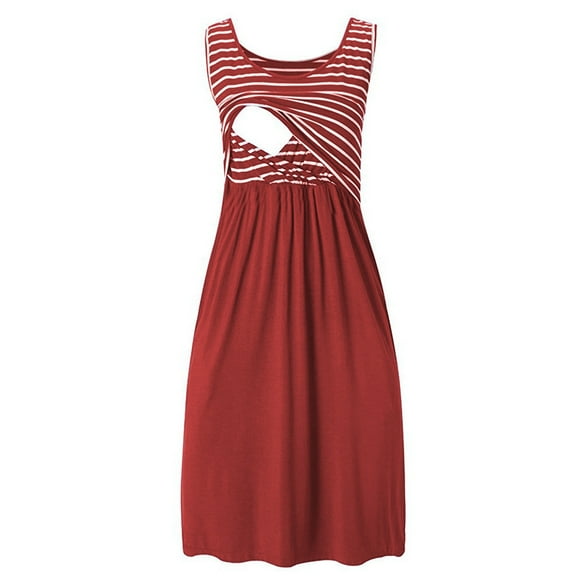 Edvintorg Breastfeeding Dresses for Women Summer Solid Stripe Breastfeeding Pregnant Woman Maternity Sleeveless Nursing Dress Pregnancy Pajamas Maternity Nightgown