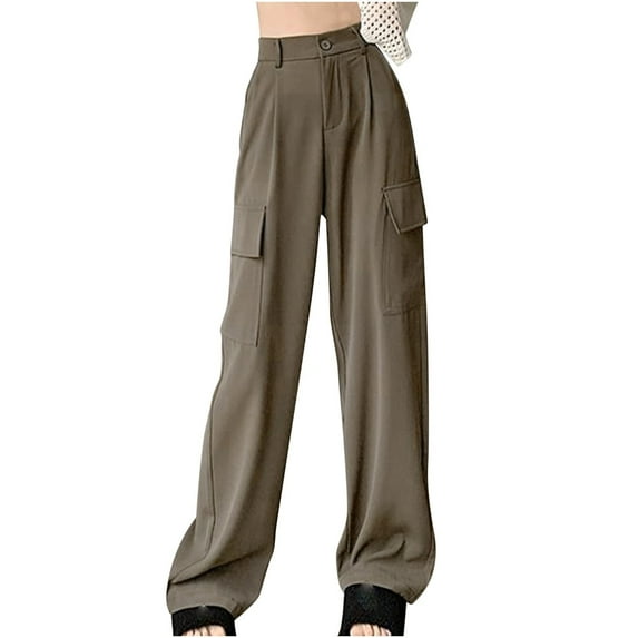 Edvintorg Cargos Pants for Women Streetwear Women's Retro Pendant Feeling High Waist Slimming Wide-Leg Pants Overalls with Pockets Coffee XXL
