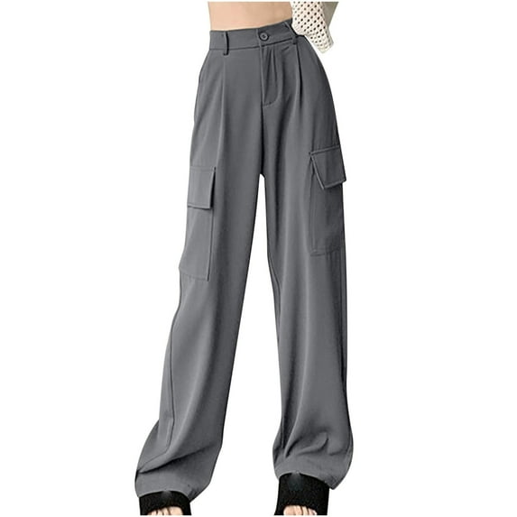 Edvintorg Cargos Pants for Women Streetwear Women's Retro Pendant Feeling High Waist Slimming Wide-Leg Pants Overalls with Pockets Gray L