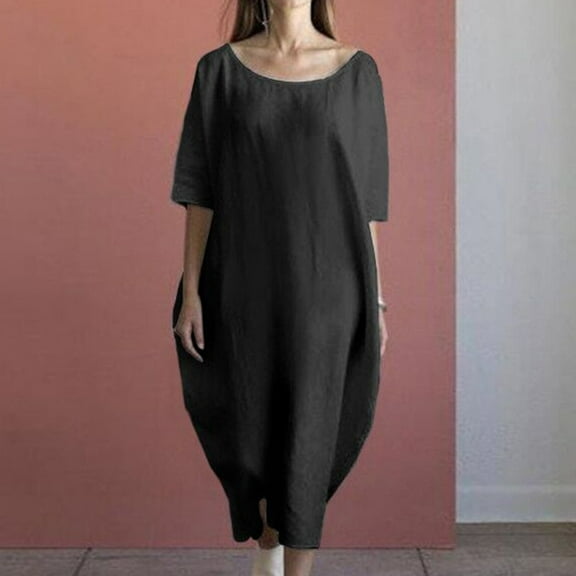 Edvintorg Cotton Linen Dress Women Casual Loose Plus Size Women's Clothings Solid Medium Long Pocket Round Neck Summer Dresses