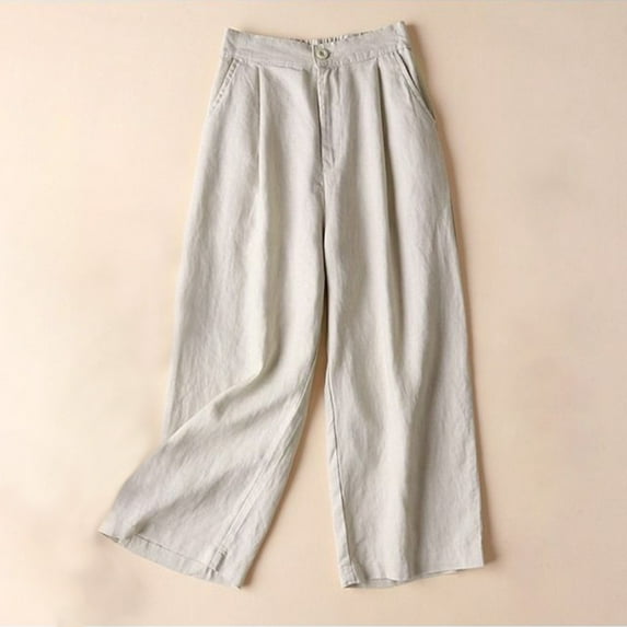 Edvintorg Cotton and Linen Pants for Women Solid Color Casual Feeling Of Falling Button Straight Barrel Ninth Pants with Pockets Beige L