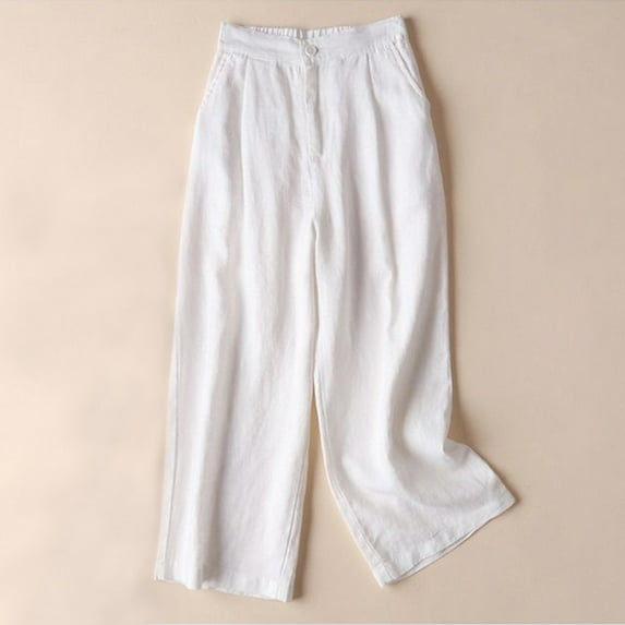 Summer Savings Clearance! Edvintorg Cotton And Linen Pants For Women Solid Color Casual Feeling Of Falling Button Straight Barrel Ninth Pants With Pockets White L