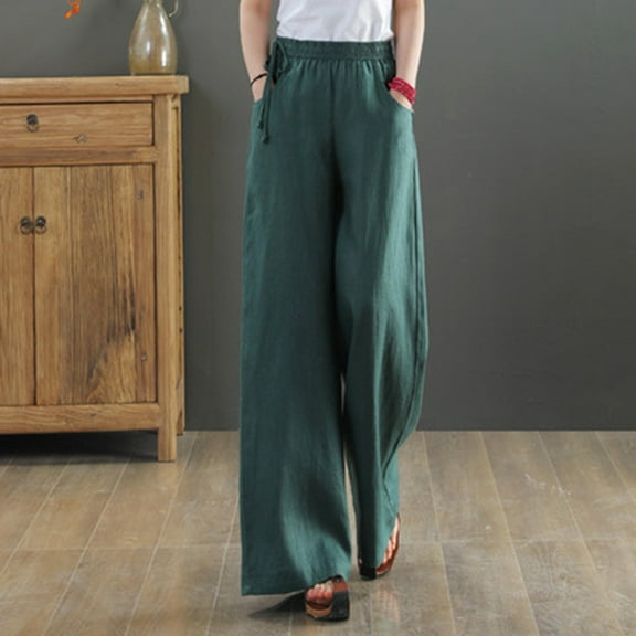 Edvintorg Cotton Linen Pants Women Summer Casual Loose Fit Pants High Waist Solid Color Side Drawstring Belt Wide Leg Pants Plus Size Women Trousers Green S