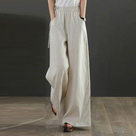 Summer Savings Clearance! Edvintorg Cotton Linen Pants Women Summer Casual Loose Fit Pants High Waist Solid Color Side Drawstring Belt Wide Leg Pants Plus Size Women Trousers Beige XXXL