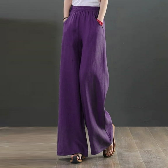 Edvintorg Cotton Linen Pants Women Summer Casual Loose Fit Pants High Waist Solid Color Side Drawstring Belt Wide Leg Pants Plus Size Women Trousers Purple S