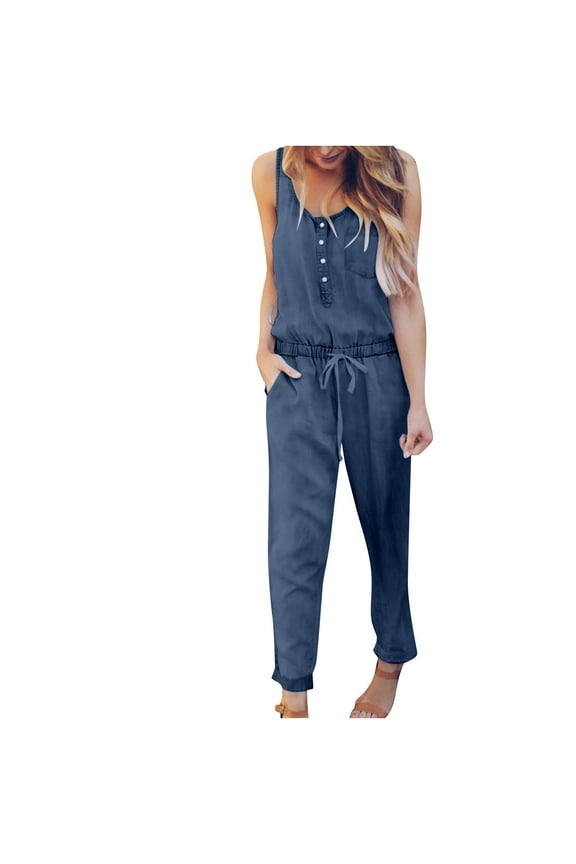 Denim Jumpsuit for Women Summer New Fashion Slim Casual Tunic Vest Denim Trousers One Piece Jumpsuits Romper with Pockets Dark Blue L