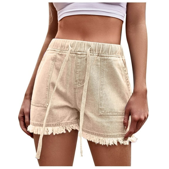 Edvintorg Denim Shorts for Women Trendy Summer Solid Color Drawstring Frenulum Leisure Pocket Edge Casual Jeans Shorts Women Khaki XL