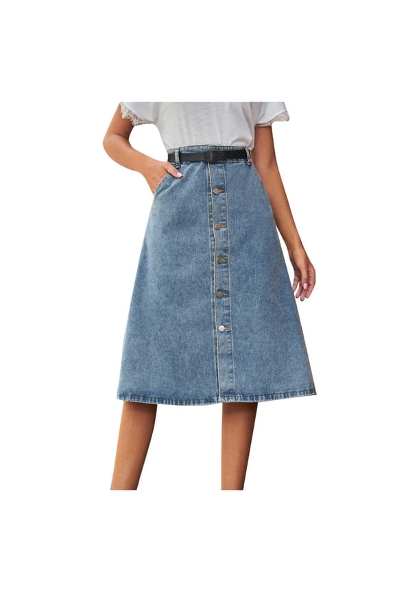 Denim Skirt for Women Trendy 2025 Women's Summer Denim Buttons Midi Skirt Street Casual Mid-Length Skirts with Pockets Blue M