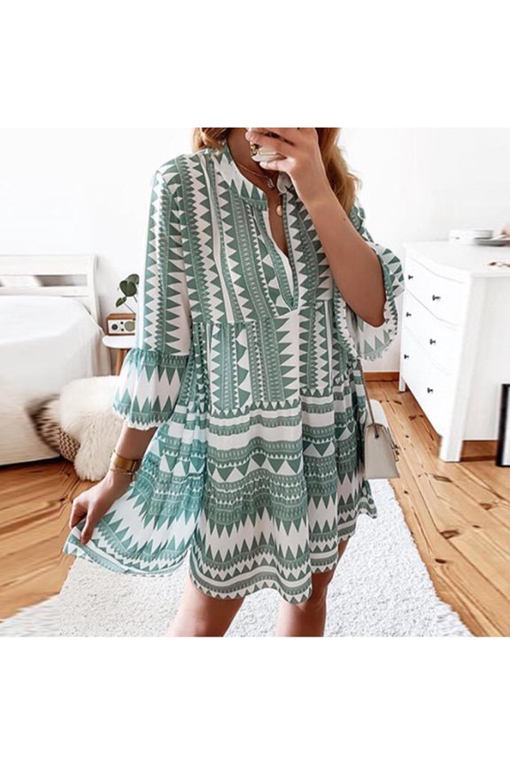 Dress Elegant Women's Spring and Summer Casual V-Neck 3/4 Sleeve Print Beach Dresses Women Party Dresses