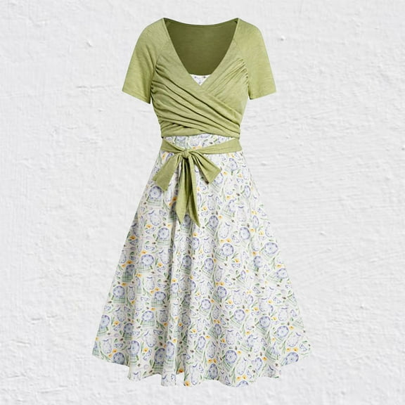 Edvintorg Dress Sets for Women Fashion Summer V-Neck Short Sleeve Floral Print Vacation Zipper Dress Sets Holiday Outfits for Women Green S