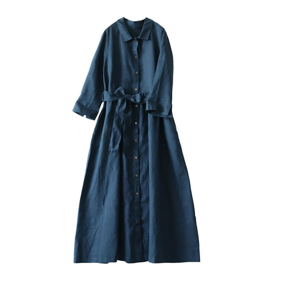 Edvintorg Dress Woman Summer 2025 Women's Long Sleeve Solid Round Neck Loose Casual Button Lace Up Long Dress Vacation Outfits for Women