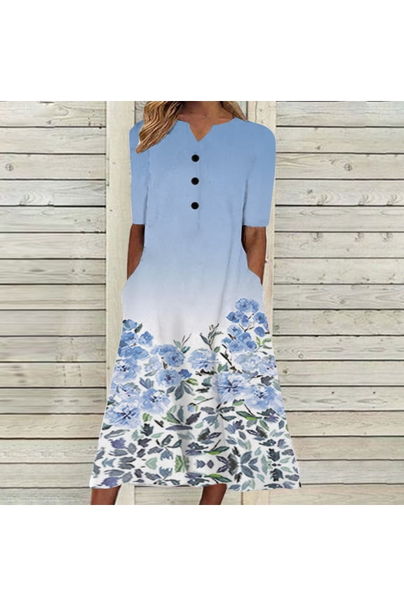 Dresses for Women 2025 Fashion Summer Casual Short Sleeve V-Neck Printing Loose Beach Dress with Pockets