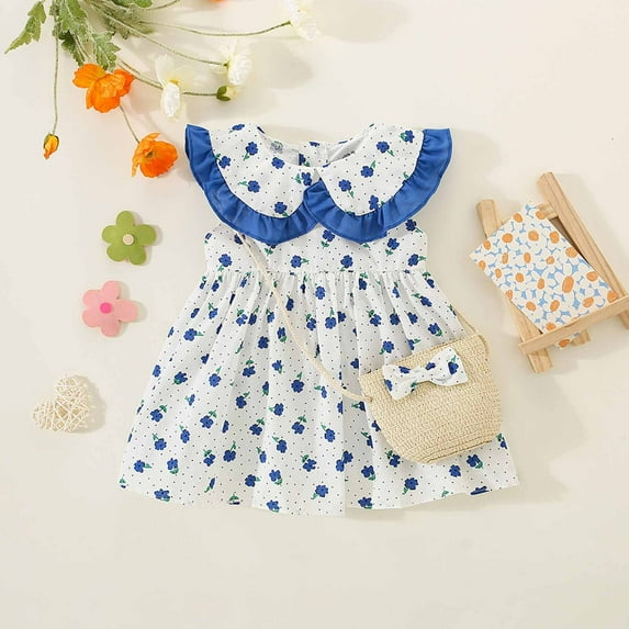 Summer Savings Clearance! Edvintorg Dresses For Girls 1-4 Years Toddler Baby Girl Summer Dress Out Lace Doll Collar Bow Sleeveless Floral Dress With Hat