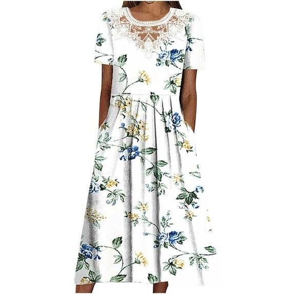 Edvintorg Flowers Dress for Women 2025 Trendy Fashion Summer Causal Round Neck Short Sleeve Vacation Dress Vintage Loose Beach Dress with Pockets Light Blue XL