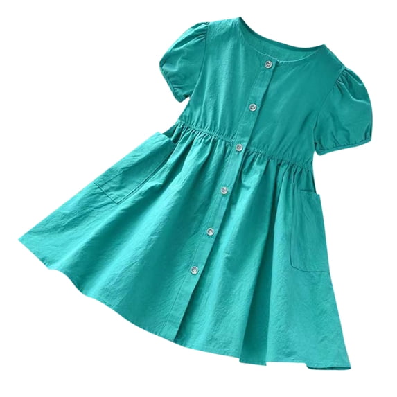 Edvintorg Girl Dresses Summer New Solid Color Short Sleeved Round Neck Cute Princess Dress with Pocket Kids Clothes Girls 2-7Years Children's Dress