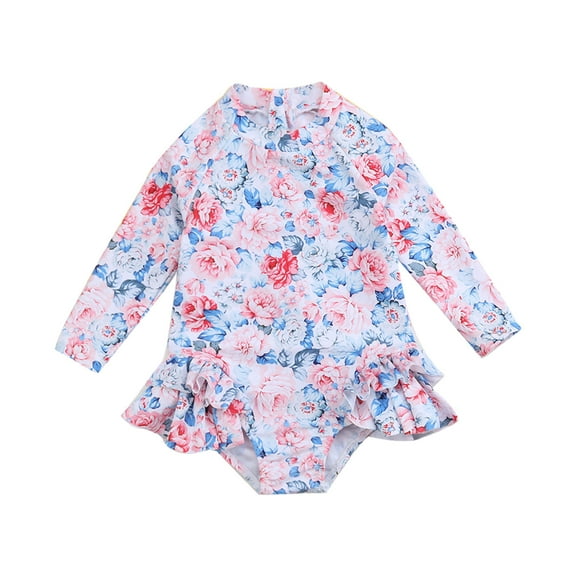 Edvintorg Girls' Swimwear Long Sleeve Cute Flower Printed Ruffle Swimsuits One Piece Bathing Suits Bikini 1-5Years Swimsuit for Children for Girls