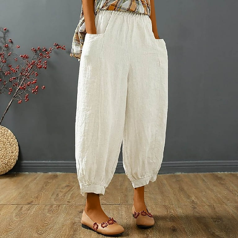Edvintorg Women Cotton Linen Pants Fashion Solid Color Elastic