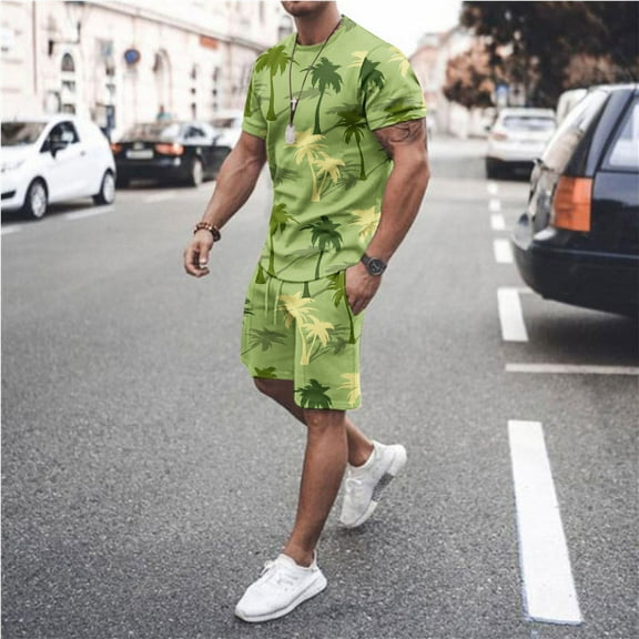 Edvintorg Hawaiian Outfits for Men Prined Short Sleeves Casual Beach Short Sleeve Round-Neck Shirts and Shorts Sets 2 Piece Set Plus Size Fashion Suits Green L