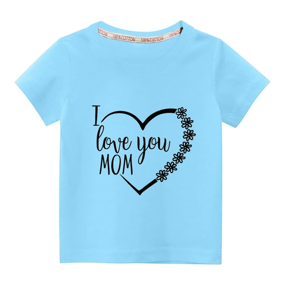 Edvintorg I Love You Mom Letter Printed Kids Shirts Summer Boys Girls Fashion Cute Solid Color Round Neck Valentine's Day Heart Print Short Sleeve Top 3-10Years