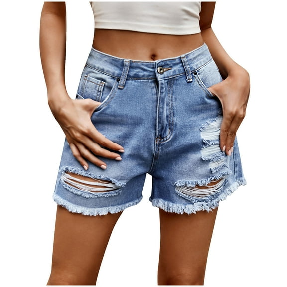 Edvintorg Jean Shorts Womens Summer 2025 Women's Solid Button Broken Hole Zipper Shorts with Pocket Fashion Street Casual Short Jeans Blue XXL