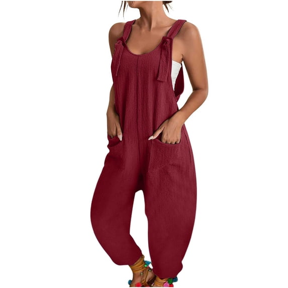 Summer Savings Clearance! Edvintorg Jumpsuits For Women Casual Fashion Solid Color Casual Sleeveless Suspender Jumpsuit With Pockets Overall Jumpsuit Women Wine XL