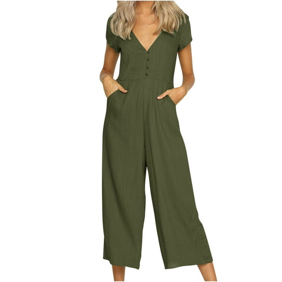 Edvintorg Jumpsuits for Women Short Sleeve Trendy 2025 Summer Cotton Linen Solid Color Short-Sleeved V-Neck Casual Wide Leg Pants Rompers Jumpsuit