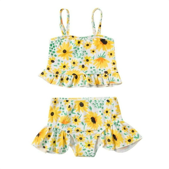 Edvintorg Kids Swimsuits Two Piece Ruffle Sunflower Print Straps Swim Tops with Shorts Swimwear Summer Toddler Bathing Suit 6M-4T