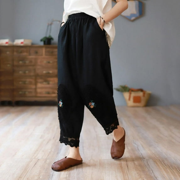 Edvintorg Lightweight Pants for Women Casual Summer Elastic High Waist Cotton and Linen Pants with Pockets Vintage Plus Size Sweatpants Women Black L