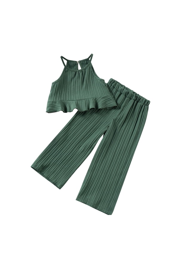 Little Girls Summer Clothes Set Sweet Wave Stripe Wave Ruffles Tank Top and Wide Leg Pants Two-Piece Set 2-10Years Girls Boutique Outfits
