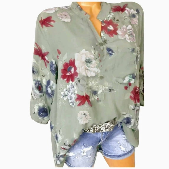 Edvintorg Long Sleeve Tops and Blouses Elegant Women Fashion Floral Print Pullover Button Casual Bottom Top