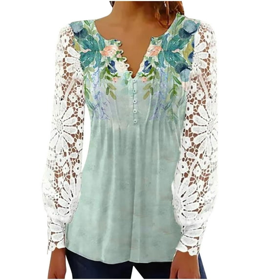 Edvintorg Long Sleeve Vintage Shirts for Women Summer Floral Printing V-Neck Button Top Temperament Slim Fit Lapel Shirt
