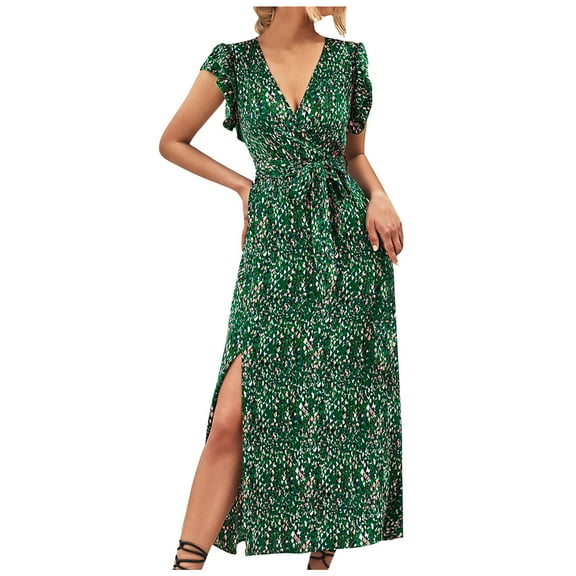 Edvintorg Long Summer Dress Women's Leisure Holiday V-Neck High Waist Lace Up Split Print Maxi Dresses Beach Dress for Women Green M