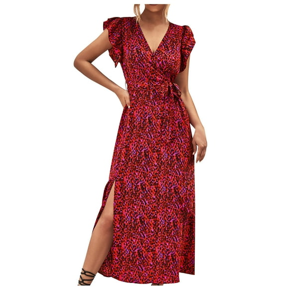 Edvintorg Long Summer Dress Women's Leisure Holiday V-Neck High Waist Lace Up Split Print Maxi Dresses Beach Dress for Women Red L