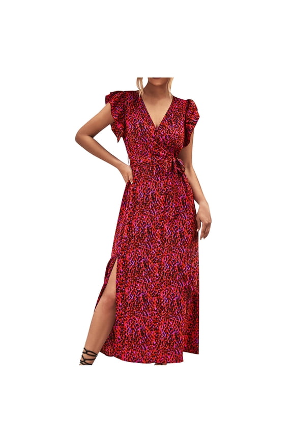 Long Summer Dress Women's Leisure Holiday V-Neck High Waist Lace Up Split Print Maxi Dresses Beach Dress for Women Red M