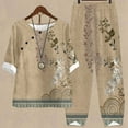 thumbnail image 1 of Edvintorg Matching Sets for Women Cotton Linen Summer Vintage Printed Half Sleeve Round Neck Cropped Top + Casual Pants Sets Two Piece Lounge Set Brown M, 1 of 5