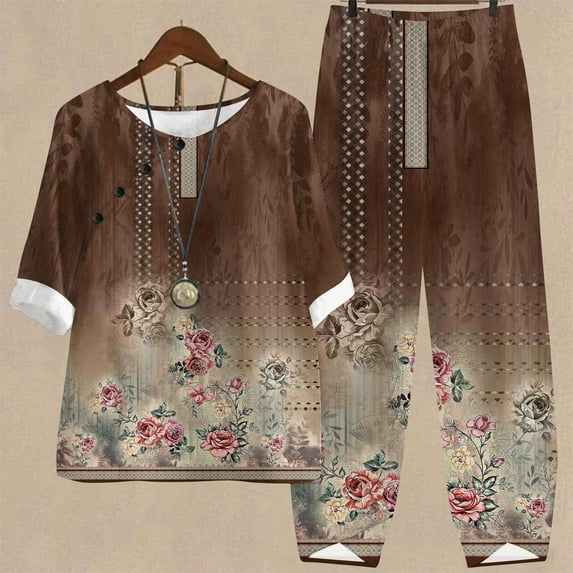 Edvintorg Matching Sets for Women Cotton Linen Summer Vintage Printed Half Sleeve Round Neck Cropped Top + Casual Pants Sets Two Piece Lounge Set Khaki S